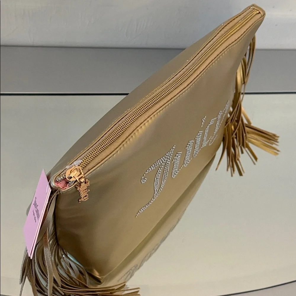 🆕 JUICY COUTURE Gold Fringe Bling Logo Cosmetic Bag Large Makeup Travel Case NWT